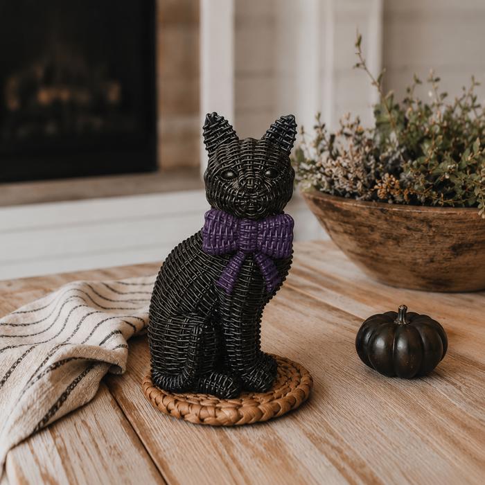 Black Cat Halloween Decor | Cute Cat Figurine With Bow | Spooky Shelf Decor | Halloween Tiered Tray Decor, Unique Halloween Gift for Cat Mom