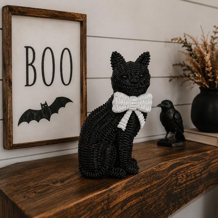 Black Cat Halloween Decor | Cute Cat Figurine With Bow | Spooky Shelf Decor | Halloween Tiered Tray Decor, Unique Halloween Gift for Cat Mom