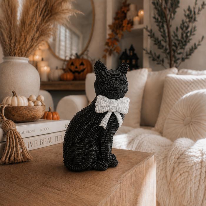 Black Cat Halloween Decor | Cute Cat Figurine With Bow | Spooky Shelf Decor | Halloween Tiered Tray Decor, Unique Halloween Gift for Cat Mom