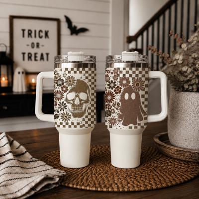 Retro Ghost 40oz Halloween Tumbler| Checkered Floral Spooky Season Cup