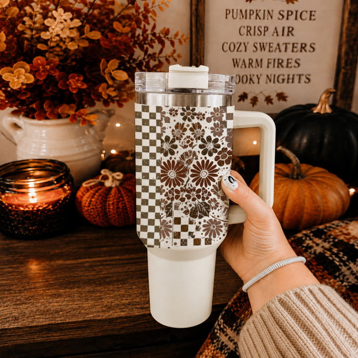 Retro Ghost 40oz Halloween Tumbler| Checkered Floral Spooky Season Cup
