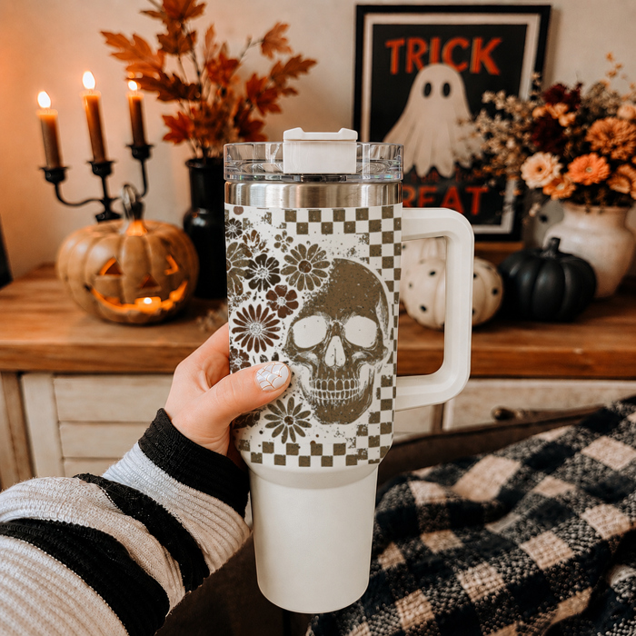 Retro Ghost 40oz Halloween Tumbler| Checkered Floral Spooky Season Cup