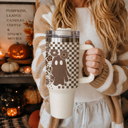 Retro Ghost 40oz Halloween Tumbler| Checkered Floral Spooky Season Cup