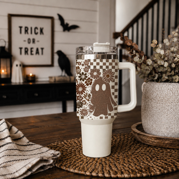 Retro Ghost 40oz Halloween Tumbler| Checkered Floral Spooky Season Cup