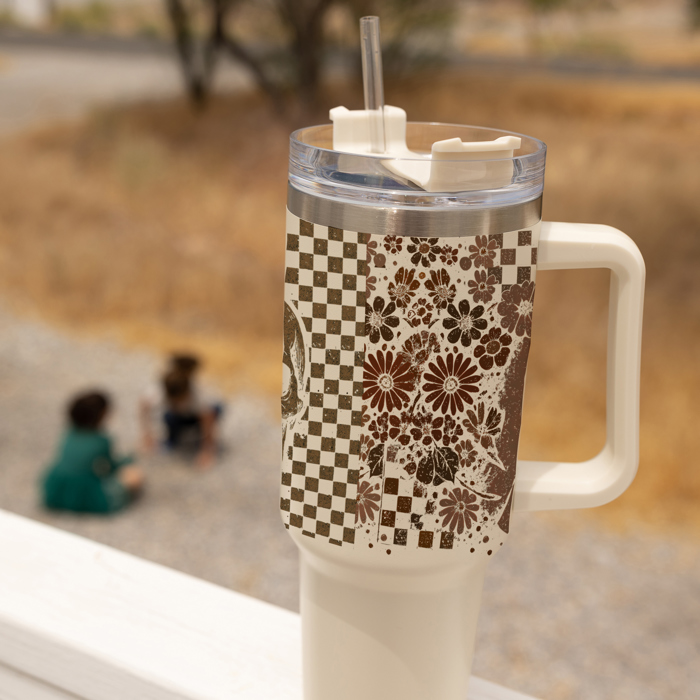 Retro Ghost 40oz Halloween Tumbler| Checkered Floral Spooky Season Cup