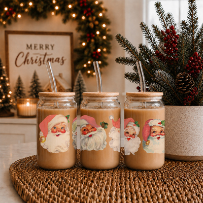 Vintage Santa Christmas Tumblers | Vintage Classic Holiday Glass Tumbler Set | 2 Pack Bundle of Glass Coffee Cups with Lid & Straw | Traditional Santa Claus