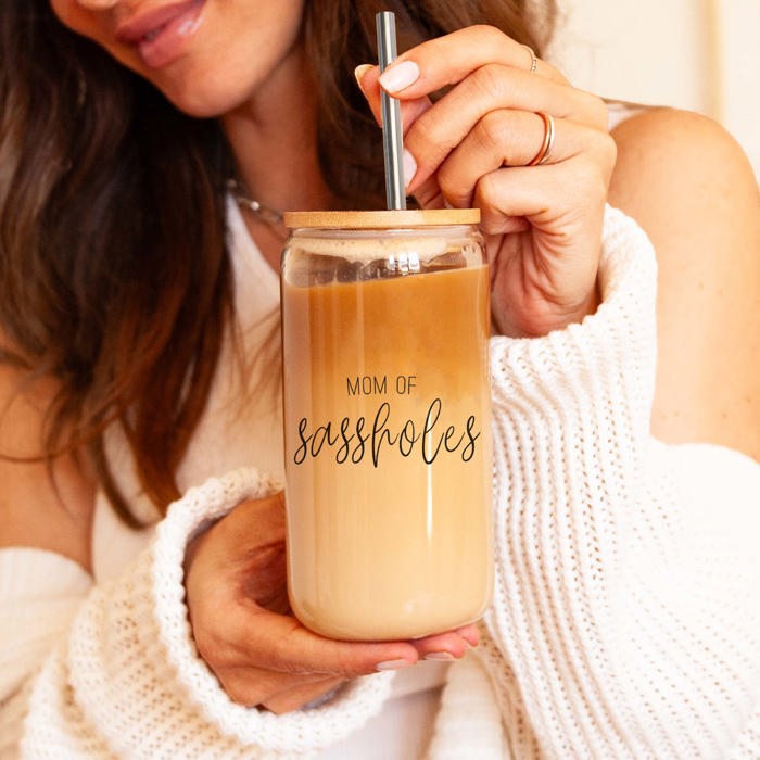 Glass Cups with Lid and Straws 2pk | 17oz Funny Glass Tumblers For Moms | Glass Can Cups