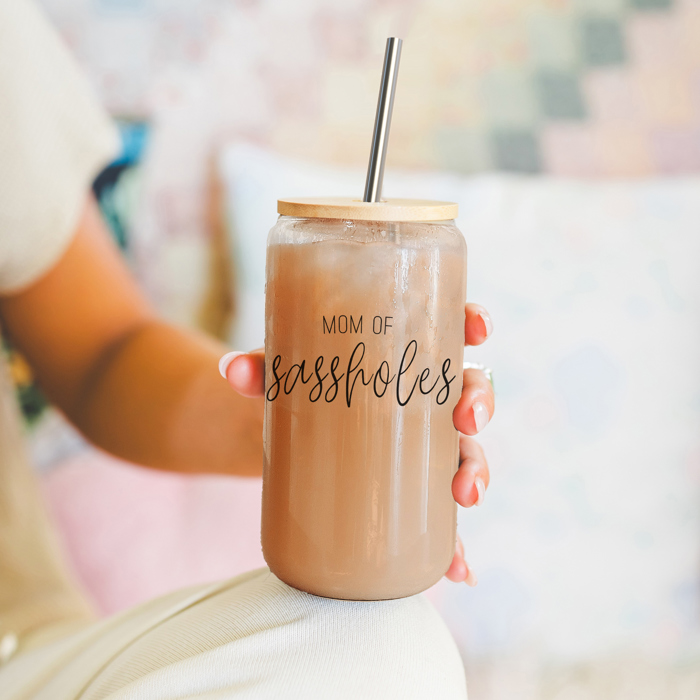 Glass Cups with Lid and Straws 2pk | 17oz Funny Glass Tumblers For Moms | Glass Can Cups