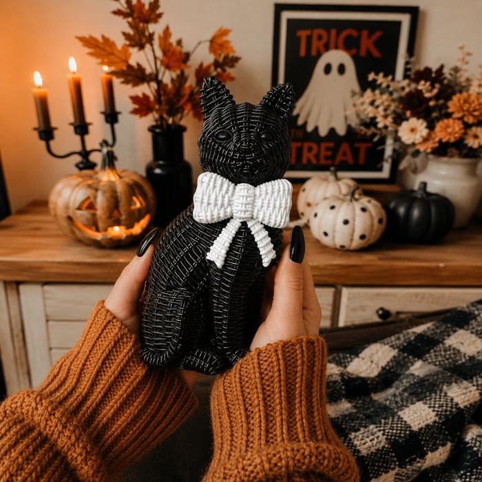 Black Cat Halloween Decor | Cute Cat Figurine With Bow | Spooky Shelf Decor | Halloween Tiered Tray Decor, Unique Halloween Gift for Cat Mom