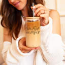 Sweater Weather Glass Cups with Lid and Straws 2pk | 17oz Funny Glass Tumblers For Moms | Glass Can Cups