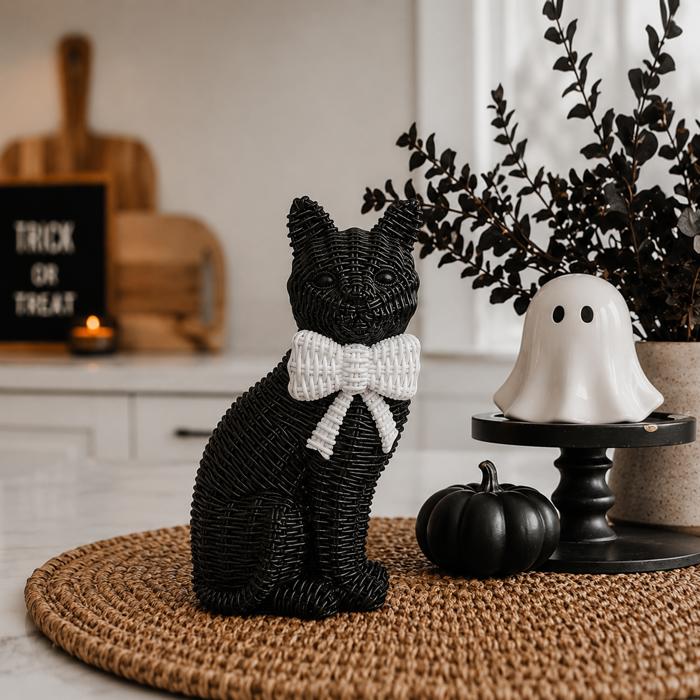 Black Cat Halloween Decor | Cute Cat Figurine With Bow | Spooky Shelf Decor | Halloween Tiered Tray Decor, Unique Halloween Gift for Cat Mom
