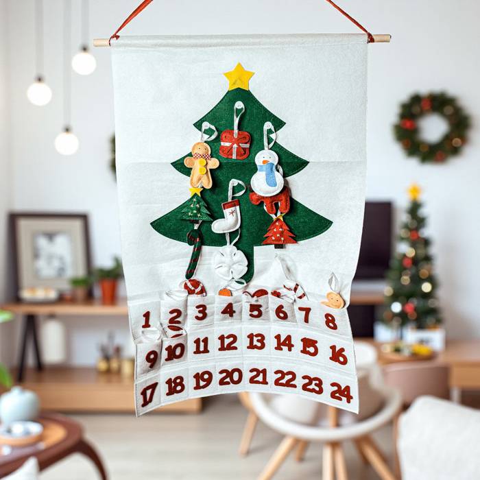 Christmas 2025 Advent Calendar, Handmade Hanging Christmas Countdown with Plush Fabric Ornament Options, Reusable Holiday Felt Advent 