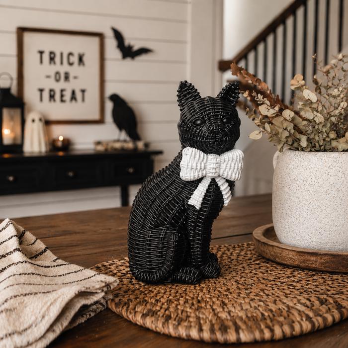 Black Cat Halloween Decor | Cute Cat Figurine With Bow | Spooky Shelf Decor | Halloween Tiered Tray Decor, Unique Halloween Gift for Cat Mom