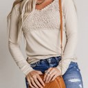 Small Beige Lace Crochet V Neck Long Sleeve Top