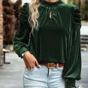 Large Blackish Green Mock Neck Puff Sleeve Velvet Blouse 