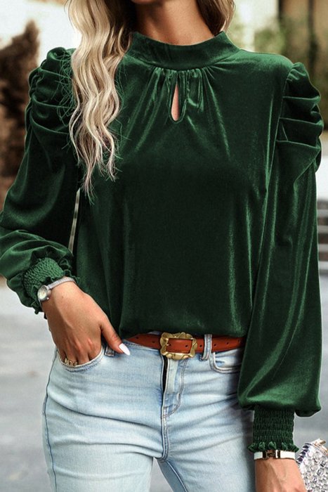 Blackish Green Mock Neck Puff Sleeve Velvet Blouse 