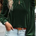  Blackish Green Mock Neck Puff Sleeve Velvet Blouse 