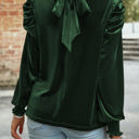  Blackish Green Mock Neck Puff Sleeve Velvet Blouse 