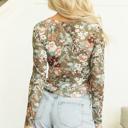  Green Floral Print Mesh Fitted Long Sleeve Top