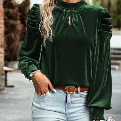 Blackish Green Mock Neck Puff Sleeve Velvet Blouse 