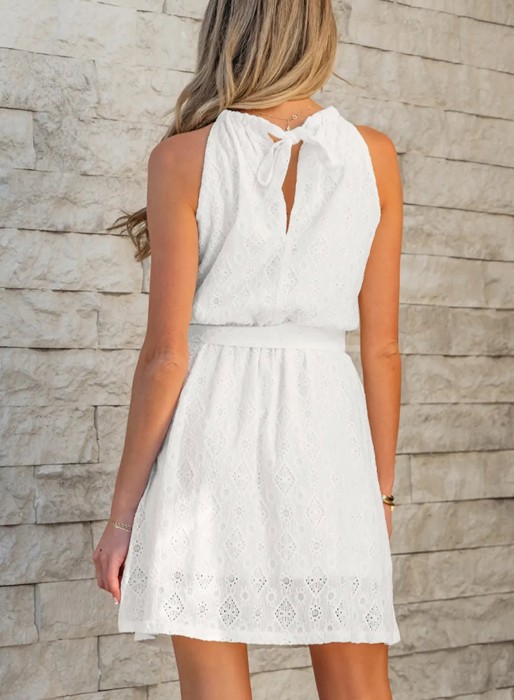 White Lace Sleeveless Knot Hollow Out Back Tied Waist Mini Dress