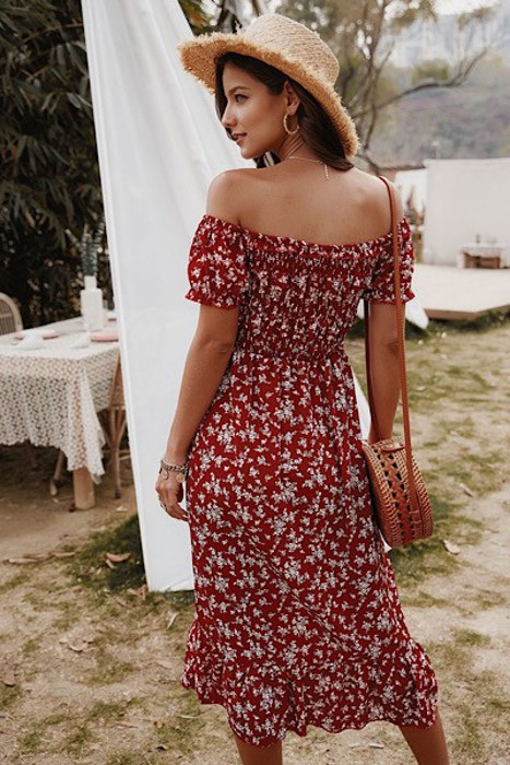 Smocked bodice midi dress