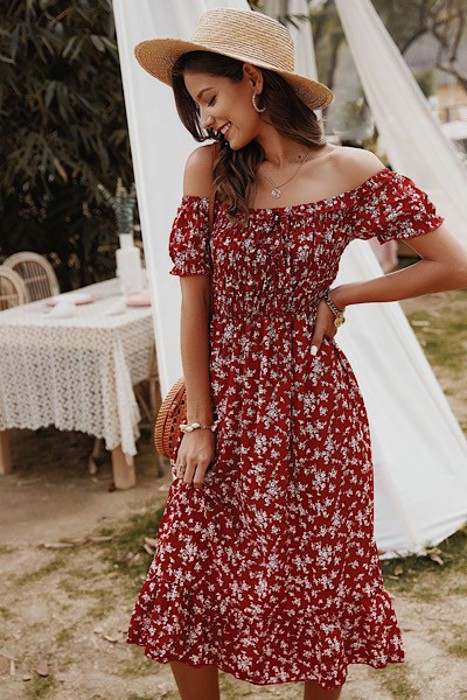 Smocked bodice midi dress