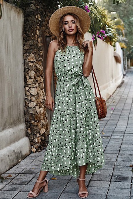 Polka dot halter maxi dress