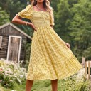 Small Yellow Miss Sparkling Gingham puff sleeve midi dress
