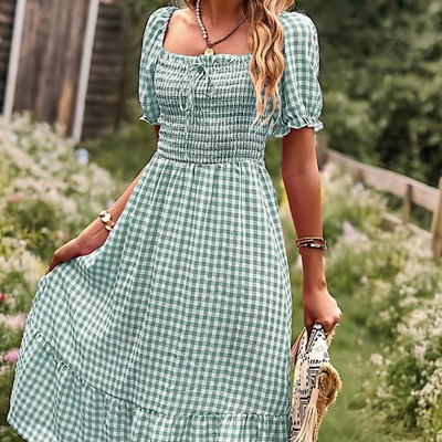 Miss Sparkling Gingham puff sleeve midi dress