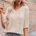 Cream Small Miss Sparkling V-Neck Drawstring Pocket Knit Short Sleeve Top