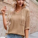 Khaki Small Miss Sparkling V-Neck Drawstring Pocket Knit Short Sleeve Top