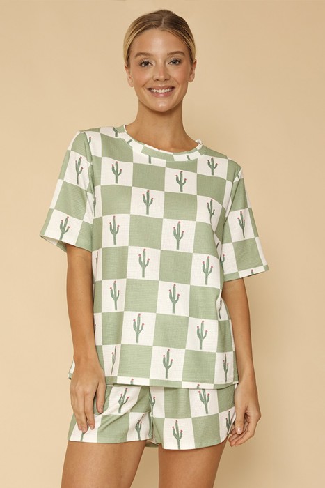 Cactus check printed waffle lounge set