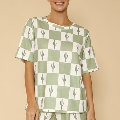 Cactus check printed waffle lounge set