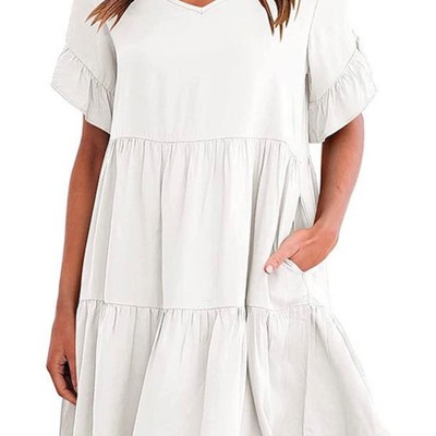 Solid Color V Neck Tiered Dress
