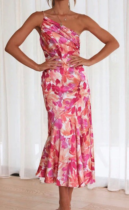 Miss Sparkling One shoulder floral print dress