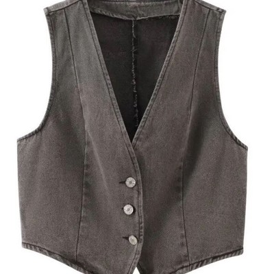 Cropped button front denim vest