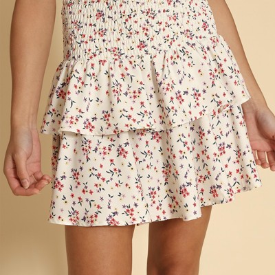 Miss Sparkling Floral Smocked Ruffle Mini Skirt
