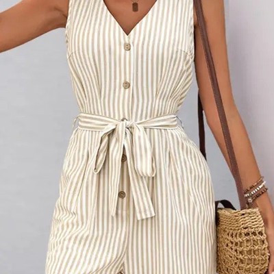 Sleeveless Striped Tie-Waist Romper