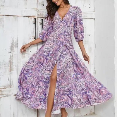 Miss Sparkling Elegant Floral Paisley Maxi Dress with Slit