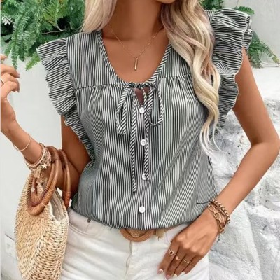 Striped Ruffle Tie Front Blouse