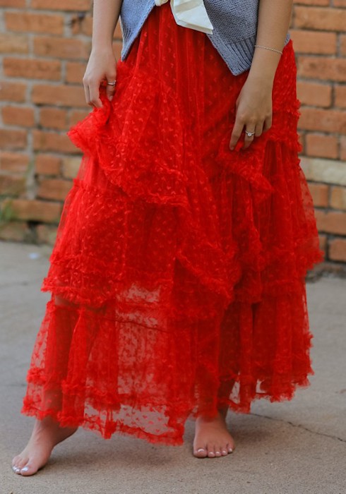 Mesh ruffle maxi skirt