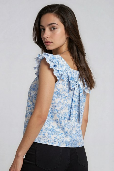 Miss Sparkling Floral Ruffled Back-Bow Blouse