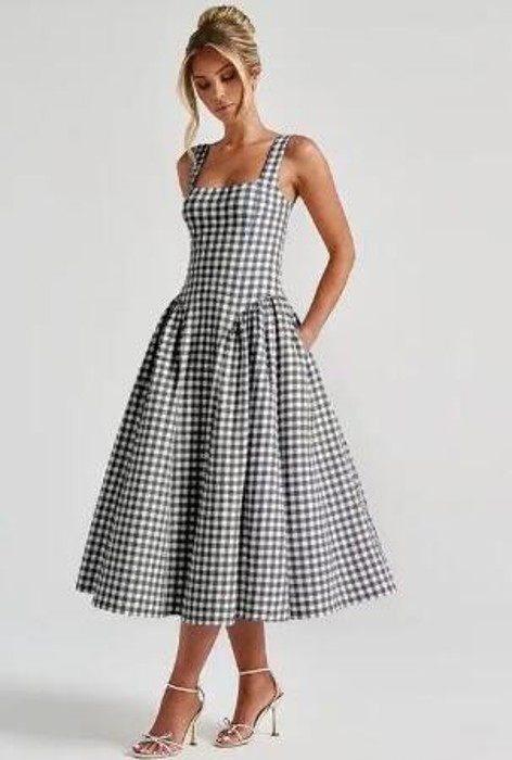 Miss Sparkling Gingham Square Neck Midi Dress