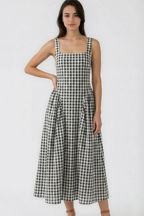 Miss Sparkling Gingham Square Neck Midi Dress