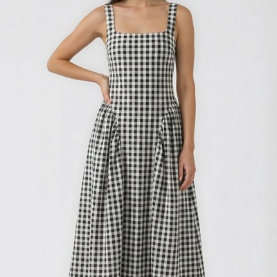 Miss Sparkling Gingham Square Neck Midi Dress