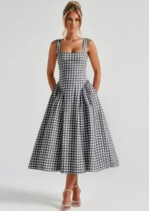 Miss Sparkling Gingham Square Neck Midi Dress