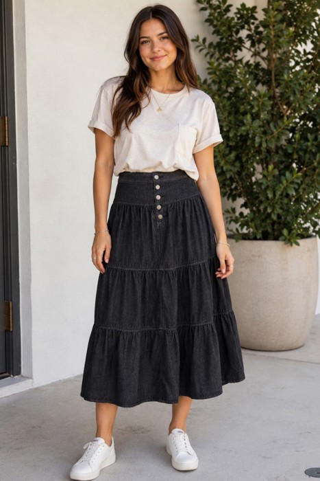 Miss Sparkling High-Waist Tiered Denim Maxi Skirt
