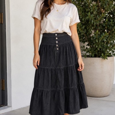 Miss Sparkling High-Waist Tiered Denim Maxi Skirt