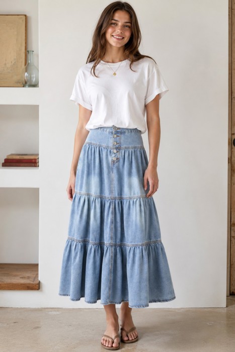 Miss Sparkling High-Waist Tiered Denim Maxi Skirt